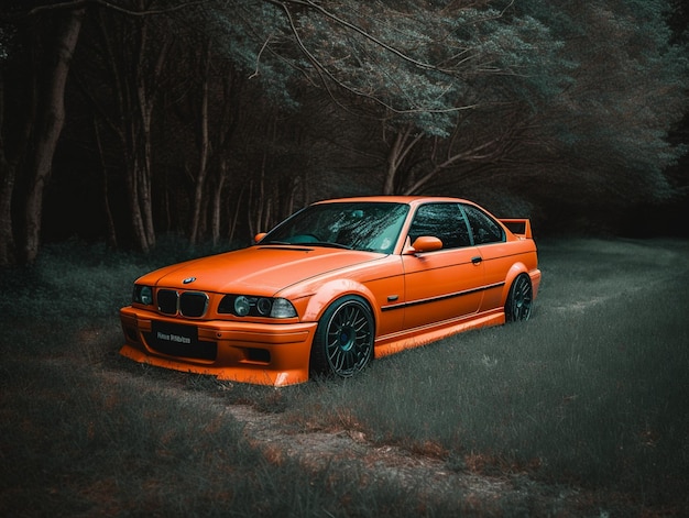 Um bmw laranja com a placa número 3.