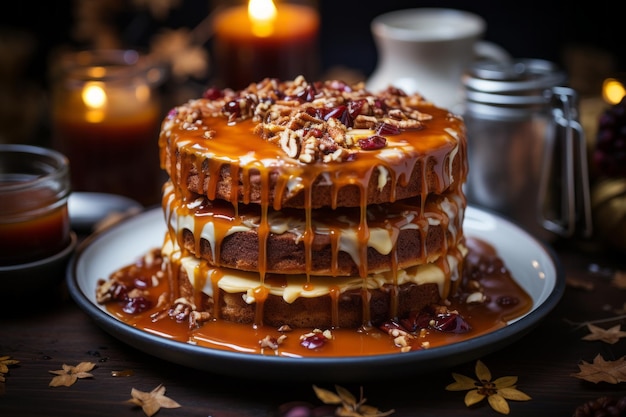 Um bolo aconchegante com tema de outono adornado com caramelo de IA generativa