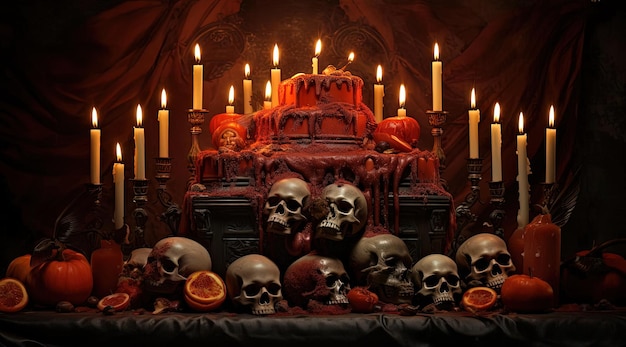 um bolo adornado com caveiras e velas