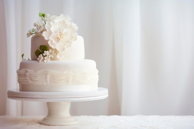 um bolo branco com flores brancas em uma mesa branca