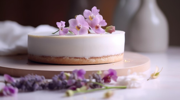 Um bolo branco com flores roxas em cima