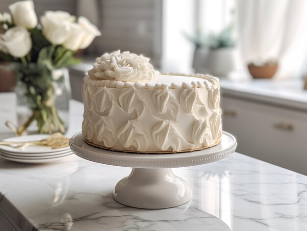 Foto um bolo branco com glacê branco e um desenho de flor branca no topo.