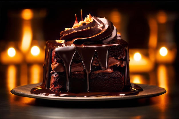 Um bolo cheio de chocolate cercado por velas