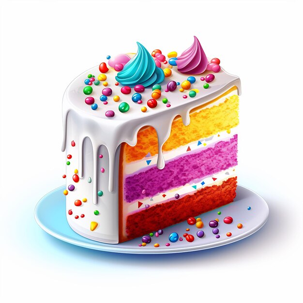 Um bolo colorido com um bolo colorido de arco-íris em um prato