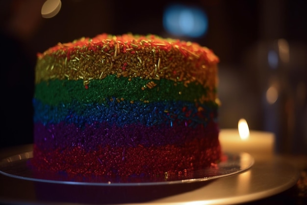 Foto um bolo com as cores do arco-íris e a palavra orgulho no fundo.