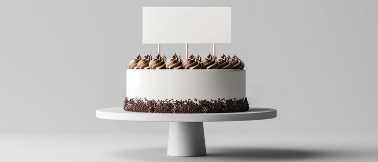 Foto um bolo com chips de chocolate em um suporte branco com um sinal que diz chocolate nele