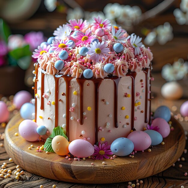 Um bolo com chocolate e flores no topo.