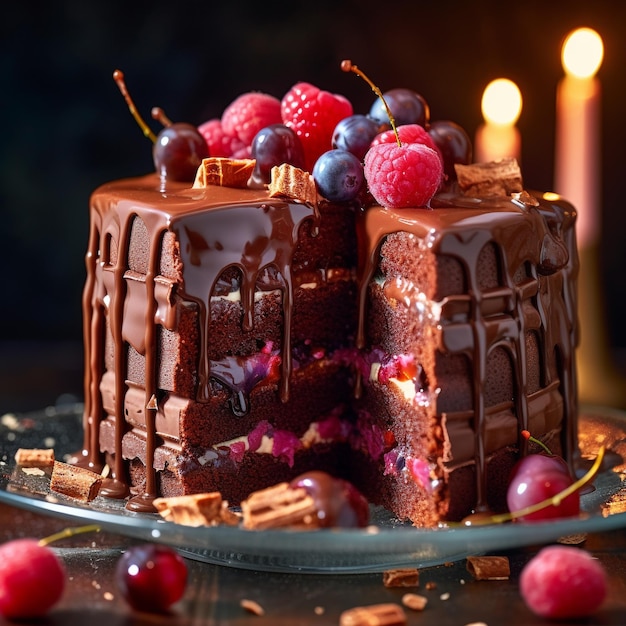 um bolo com cobertura de chocolate e frutas vermelhas