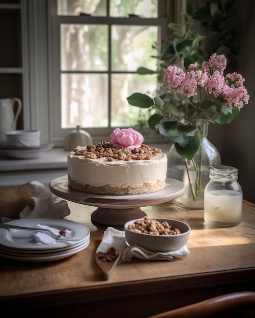 Um bolo com cobertura de noz-pecã está sobre uma mesa ao lado de um vaso de flores.