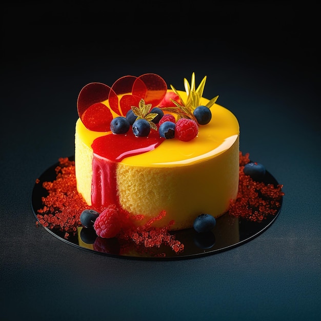 Um bolo com cobertura vermelha e amarela e frutas azuis.