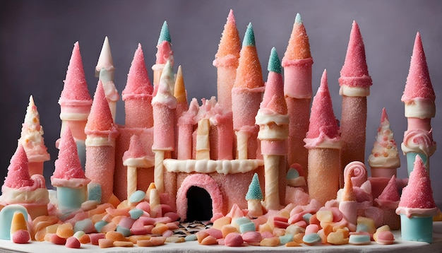 um bolo com doces cor-de-rosa e azuis e um castelo rosa no topo