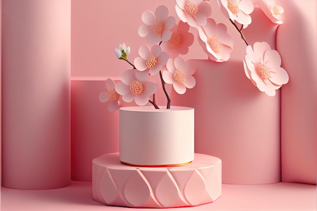 Um bolo com flores cor de rosa e um fundo rosa