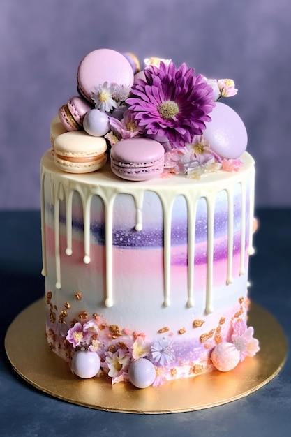 Um bolo com flores e biscoitos no topo