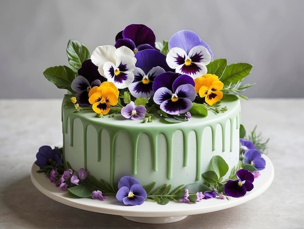um bolo com flores em cima de um prato sobre uma mesa