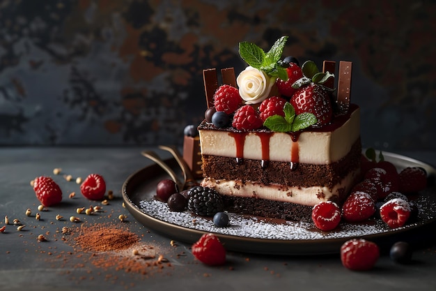 um bolo com framboesas e chocolate em cima dele