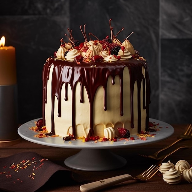 Foto um bolo com framboesas e chocolate em cima