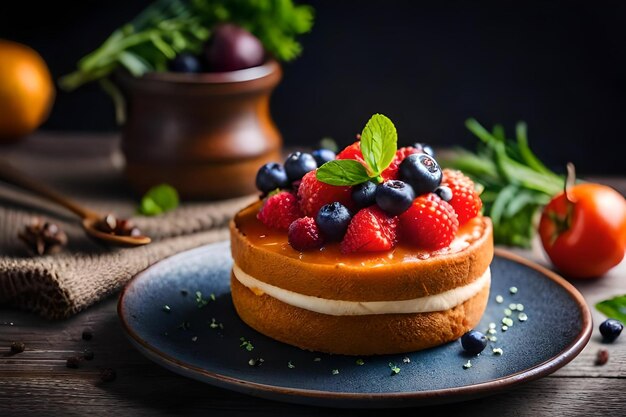 Um bolo com framboesas e creme por cima