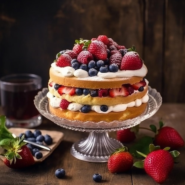 Um bolo com frutas e creme em um carrinho de bolo