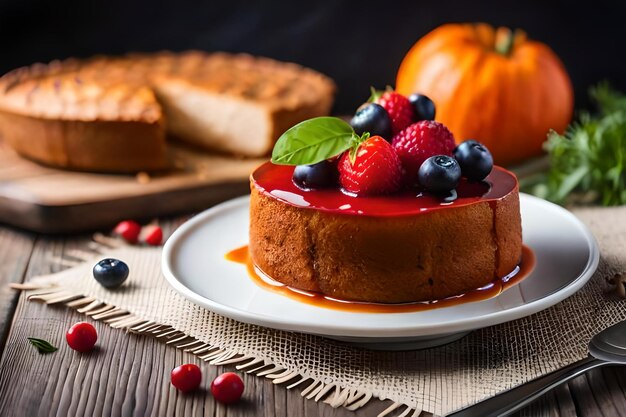 Um bolo com frutas e um prato com uma abóbora