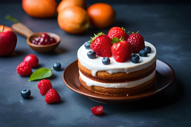 Um bolo com frutas e uma tigela de frutas ao lado.