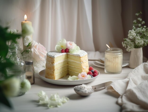 Um bolo com glacê branco e uma vela ao fundo
