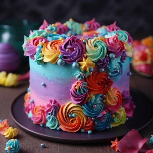 Um bolo com glacê multicolorido e um desenho de arco-íris no topo.