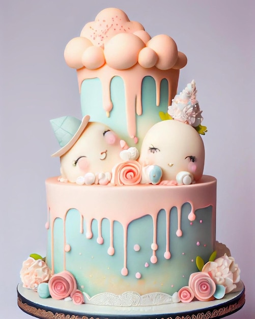 Um bolo com glacê rosa e azul e um bebê no topo.
