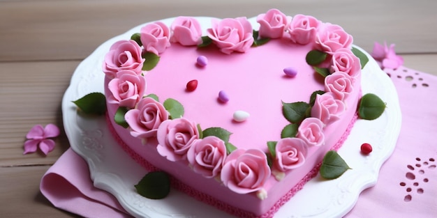Um bolo com glacê rosa e decoração em forma de coração