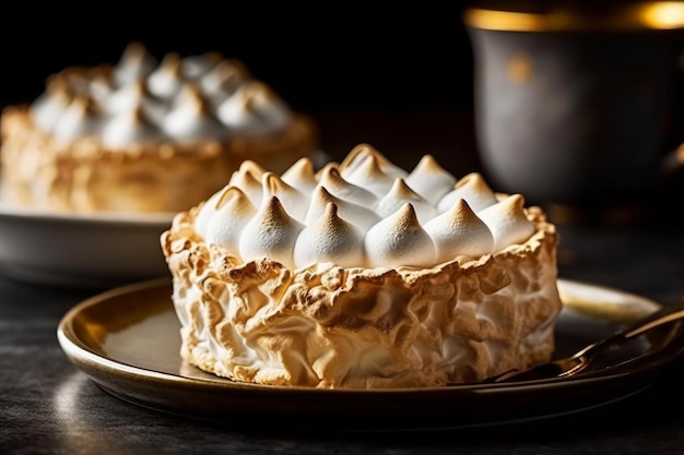 Um bolo com merengue sobre ele e uma xícara de café atrás dele.