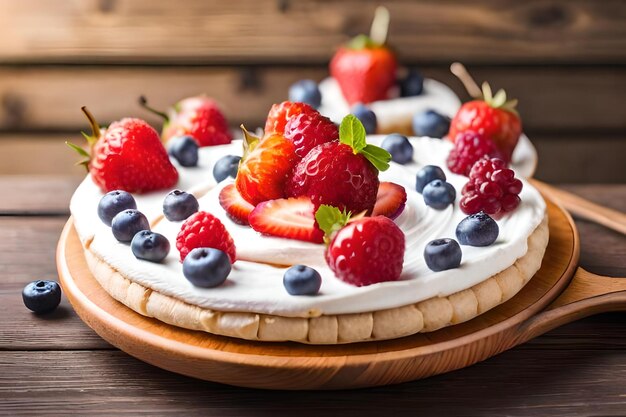 Um bolo com morangos e creme em uma mesa de madeira