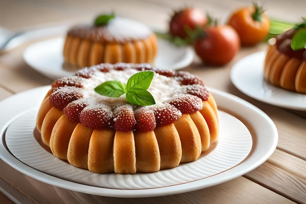 Um bolo com morangos e um prato com uma folha de manjericão.