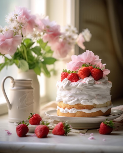 Um bolo com morangos em cima e um vaso de flores ao fundo.