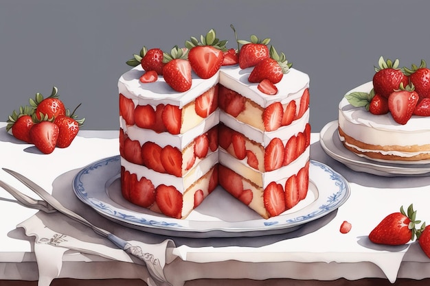 um bolo com morangos no topo e um prato com um bolo em cima.