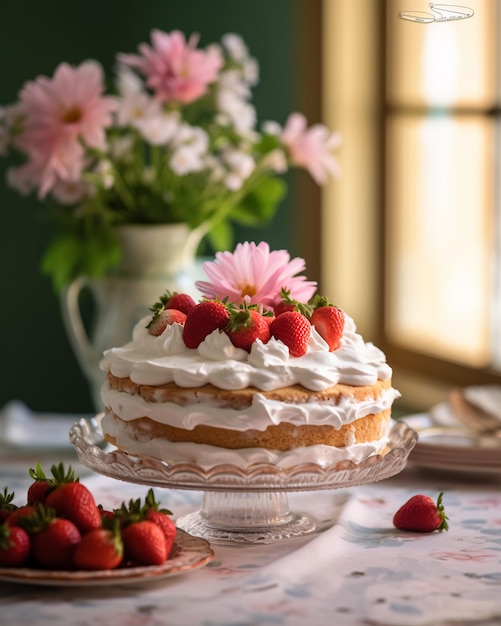 Um bolo com morangos no topo e um vaso de flores ao fundo