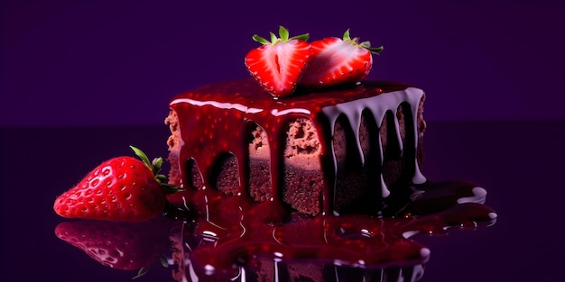 Um bolo com morangos por cima e um pedaço de bolo com fundo roxo