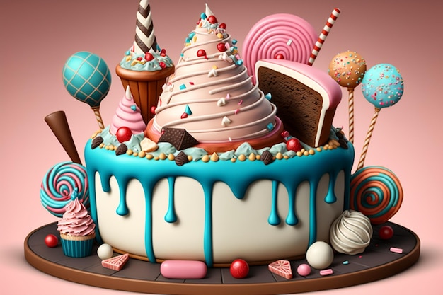Um bolo com muitos doces