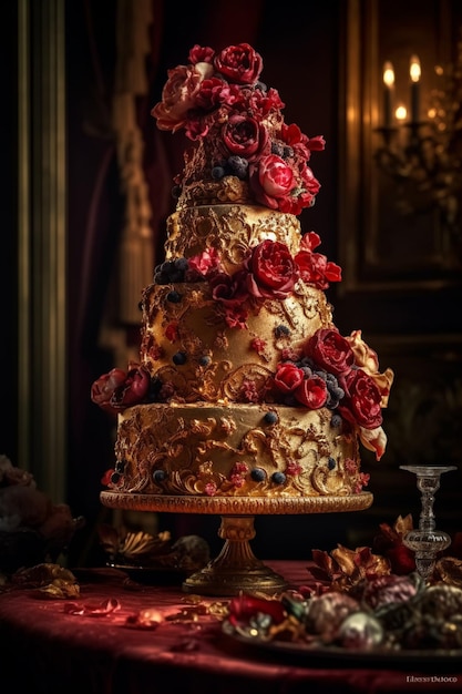 Um bolo com rosas vermelhas nele