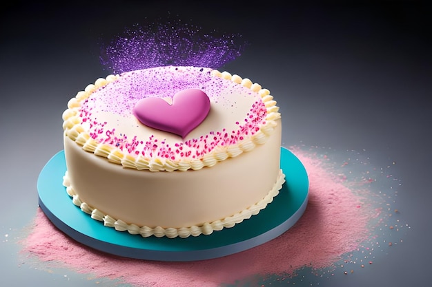 Um bolo com um coração rosa no topo