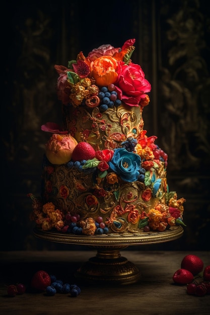 Um bolo com um desenho floral