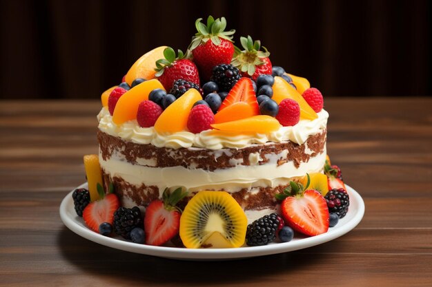 Um bolo com um monte de frutas