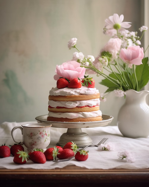 Um bolo com um morango no topo está sobre uma mesa ao lado de um vaso de flores.