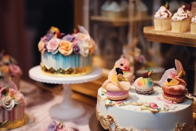 Um bolo com um pássaro e um cupcake na mesa.