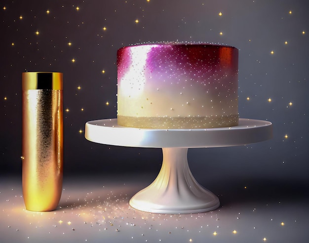 Um bolo com um recipiente dourado ao lado que diz "ouro".
