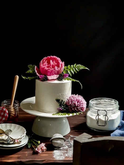 Um bolo com uma flor e um pote de manteiga na mesa.