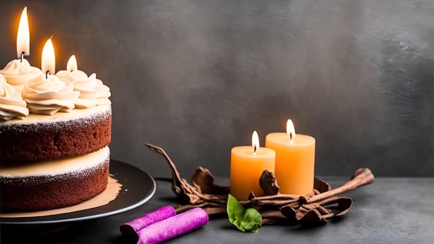 Um bolo com uma vela ao lado