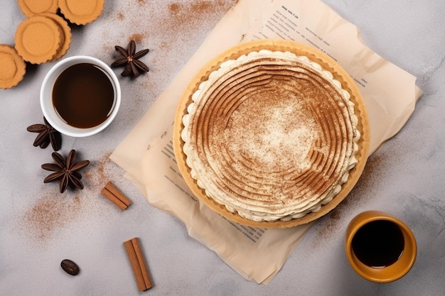 Um bolo com uma xícara de café e paus de canela no topo