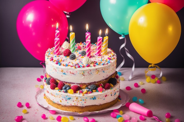 Um bolo com velas e balões ao fundo