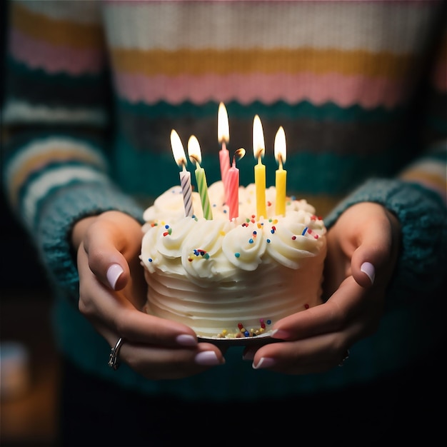 Um bolo com velas está sendo segurado por uma pessoa.