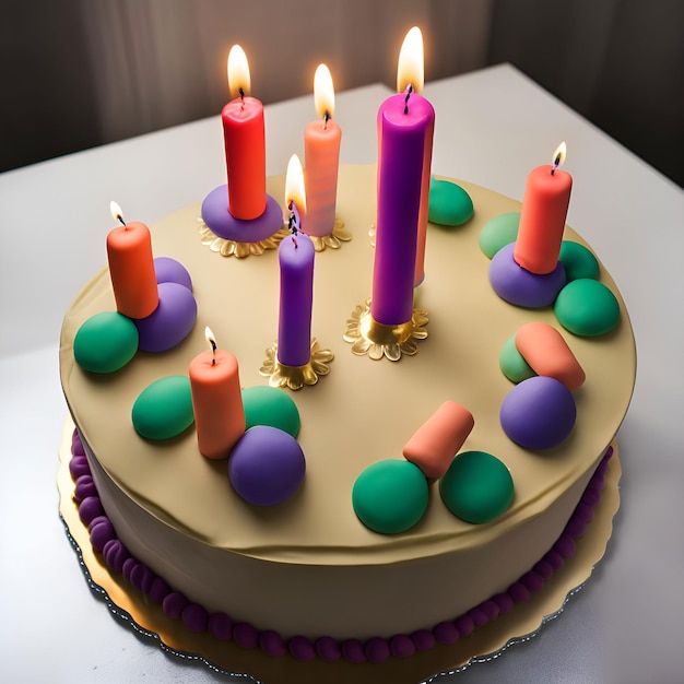 Um bolo com velas roxas, verdes e laranja