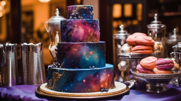 Um bolo da galáxia está sobre uma mesa com uma bandeja de prata e uma bandeja de prata com um bolo.